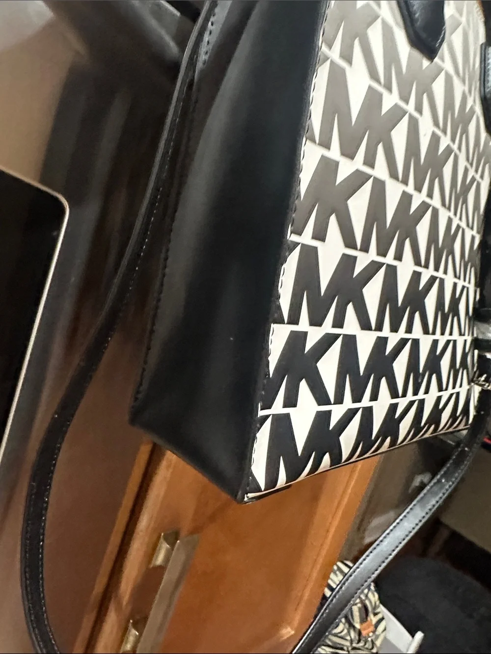 Michael Kors Black & White MK Logo Tote with Charm